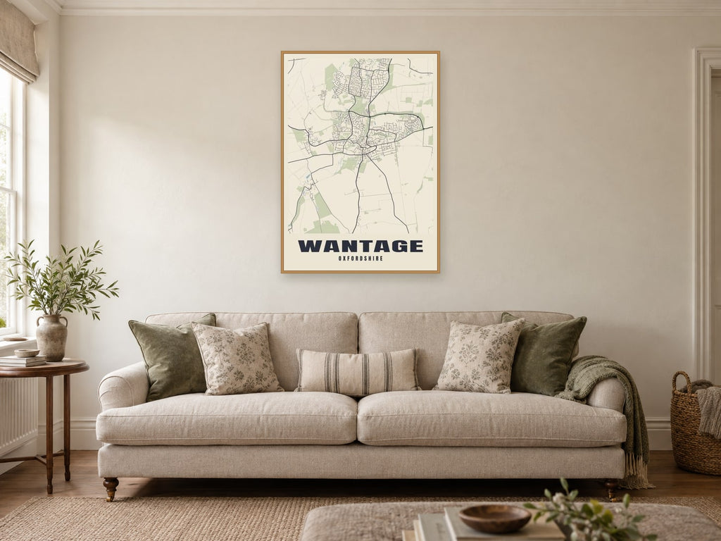 Wantage Street Map Poster at A1, in a natural wood frame, in a sitting room