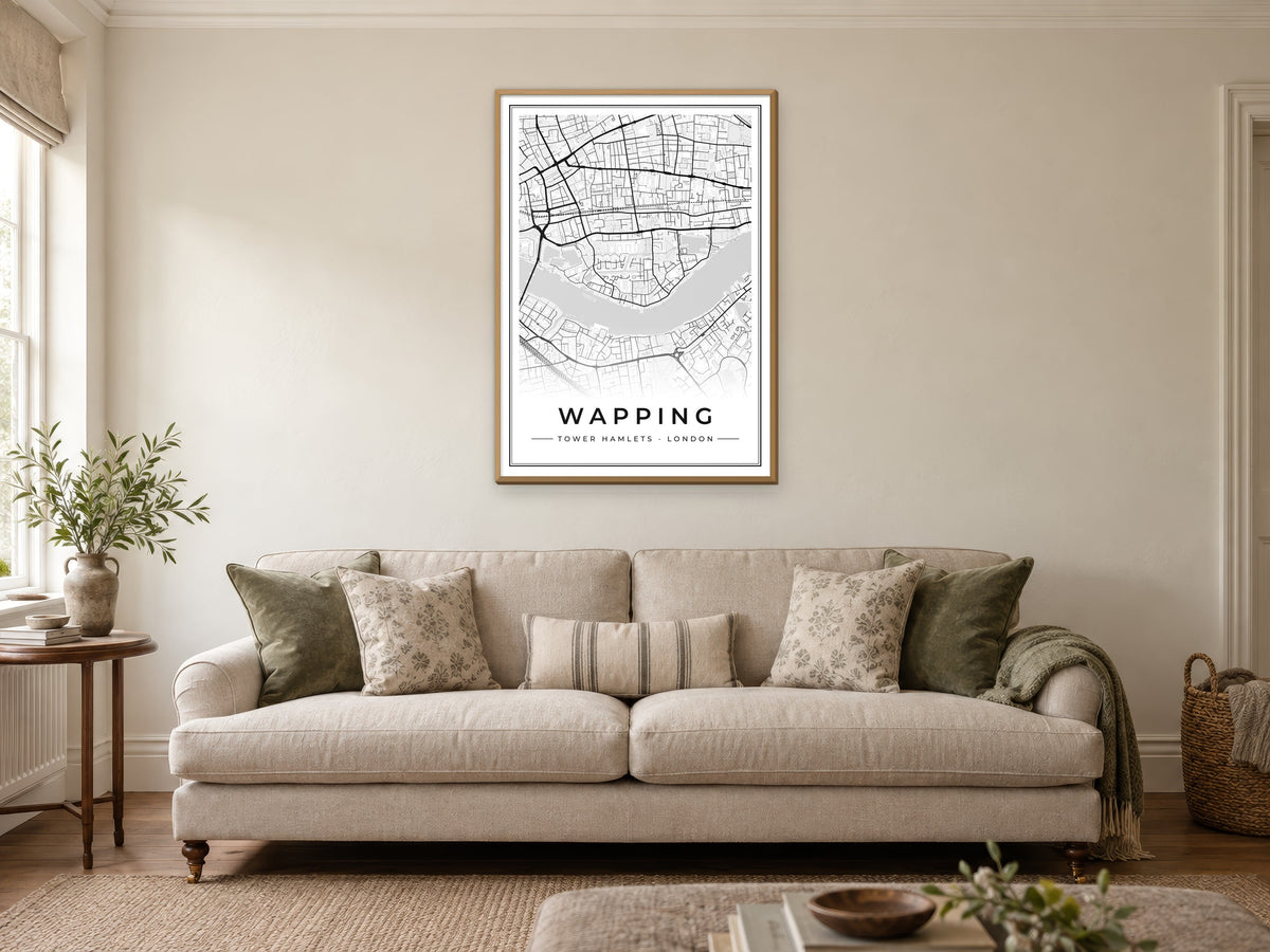 Wapping Street Map Poster at A1, in a natural wood frame, in a sitting room
