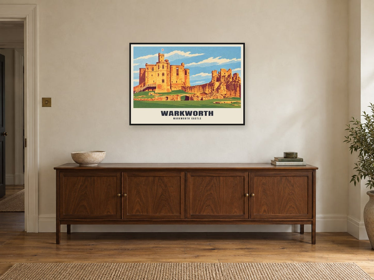 Warkworth Castle Poster at A1, in a black frame, above a sideboard