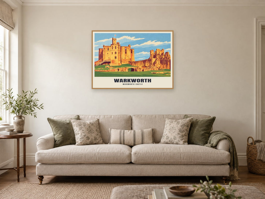 Warkworth Castle Poster at A1, in a natural wood frame, in a sitting room