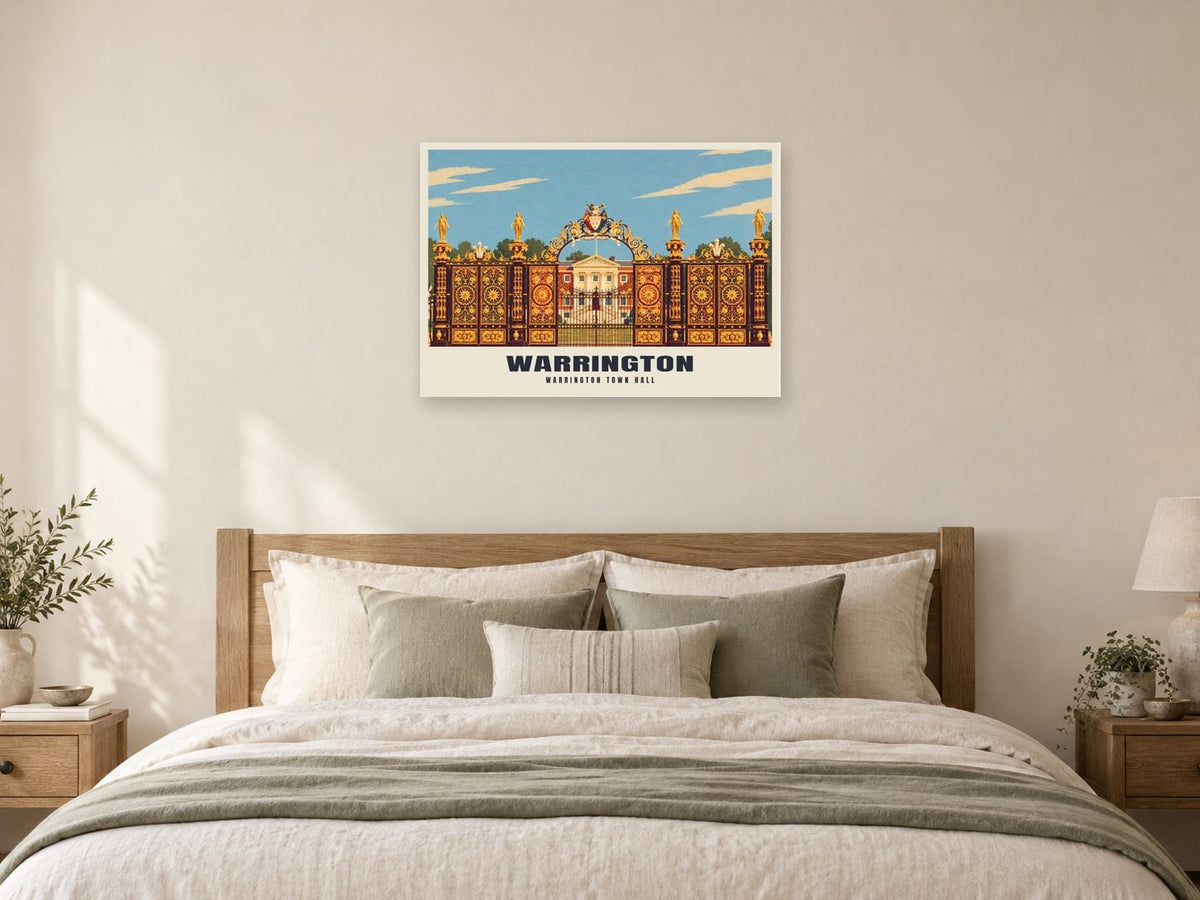 Warrington Town Hall Poster at A1, as a poster, above a bed