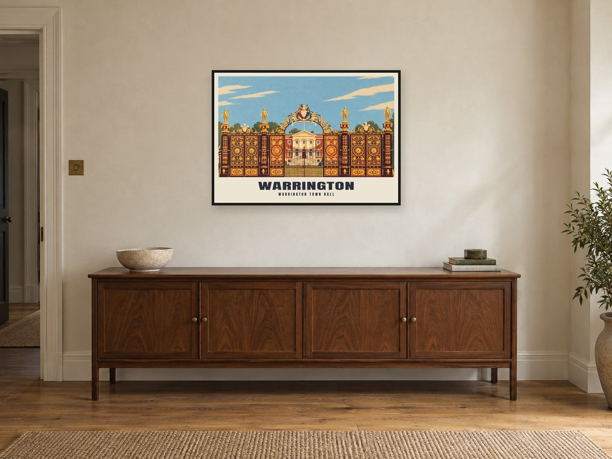 Warrington Town Hall Poster at A1, in a black frame, above a sideboard