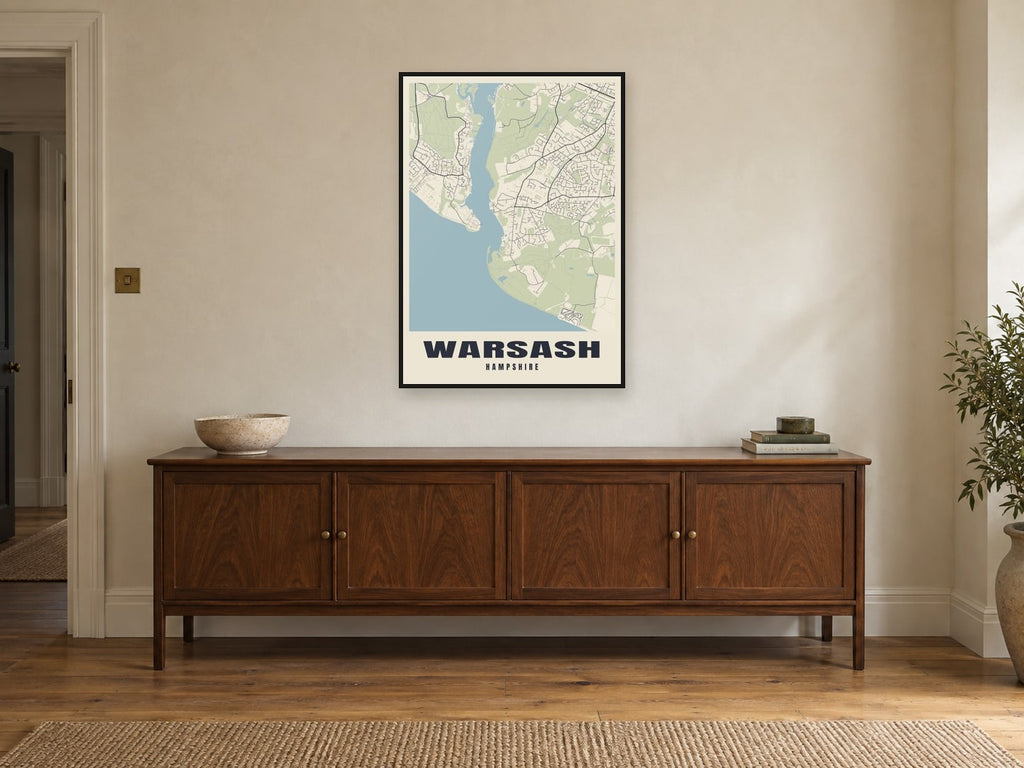 Warsash Street Map Poster at A1, in a black frame, above a sideboard
