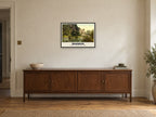 The Castle from the River, Warwick, 1890s Heritage Print at A2, in a black frame, above a sideboard