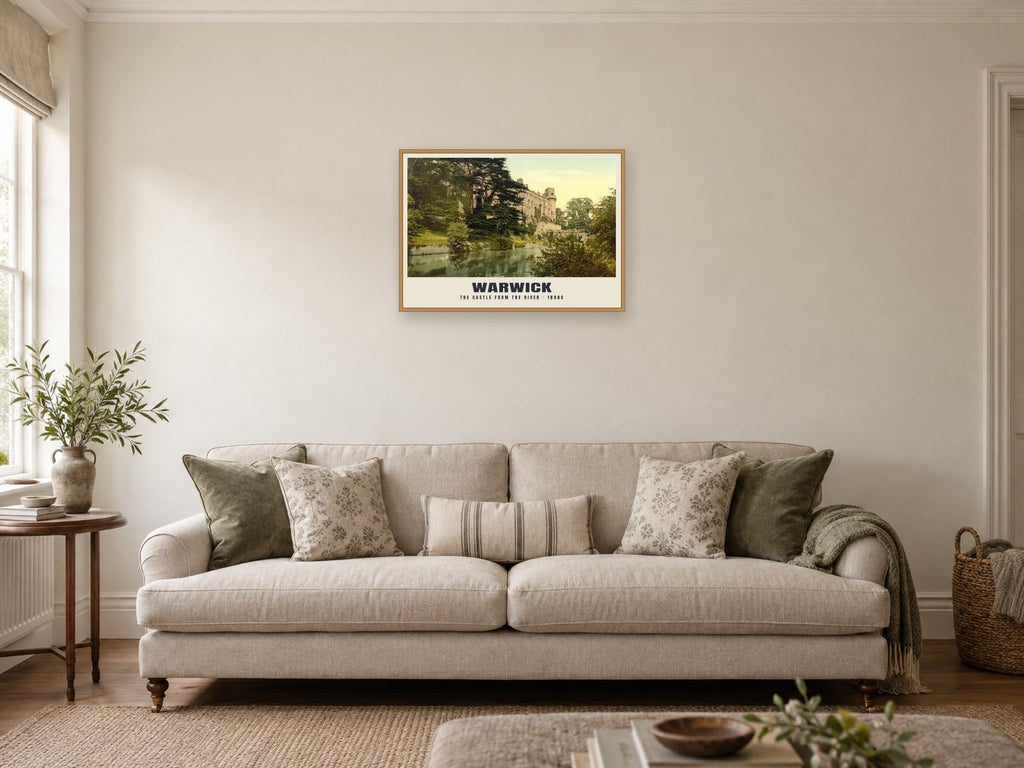 The Castle from the River, Warwick, 1890s Heritage Print at A2, in a natural wood frame, in a sitting room