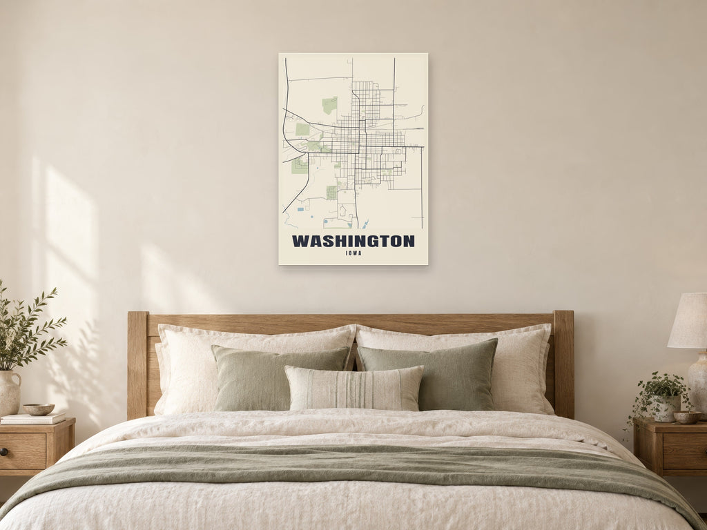 Washington Street Map Poster at A1, as a poster, above a bed