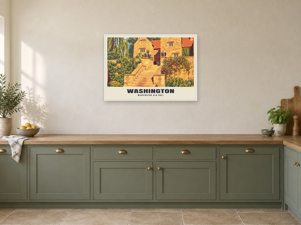 Washington Old Hall Poster at A1, in a white frame, in a kitchen