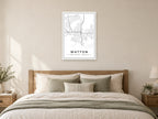 Watton Town Centre Street Map Poster at A1, as a poster, above a bed