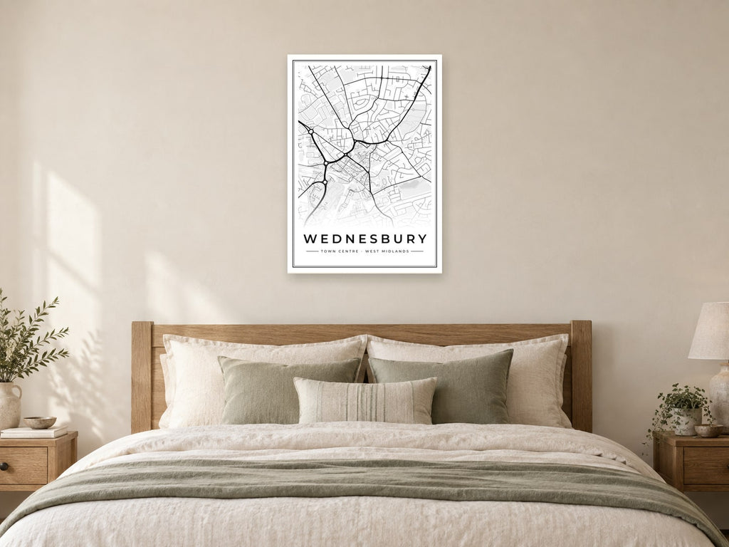 Wednesbury Town Centre Street Map Poster at A1, as a poster, above a bed
