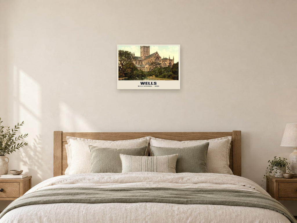 Wells Cathedral, 1890s Heritage Print at A2, as a poster, above a bed
