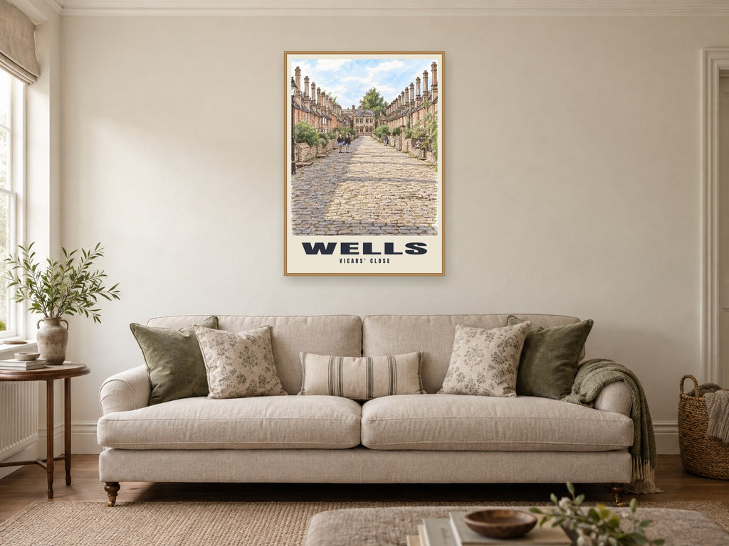 Vicars' Close, Wells Poster at A1, in a natural wood frame, in a sitting room