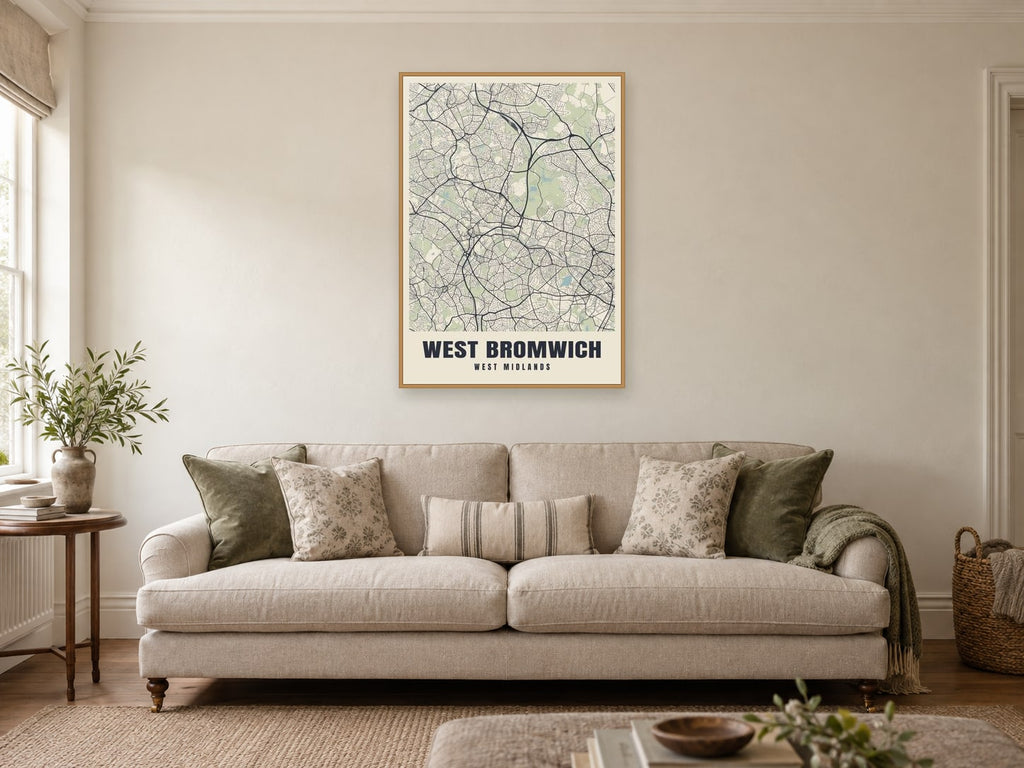 West Bromwich Street Map Poster at A1, in a natural wood frame, in a sitting room