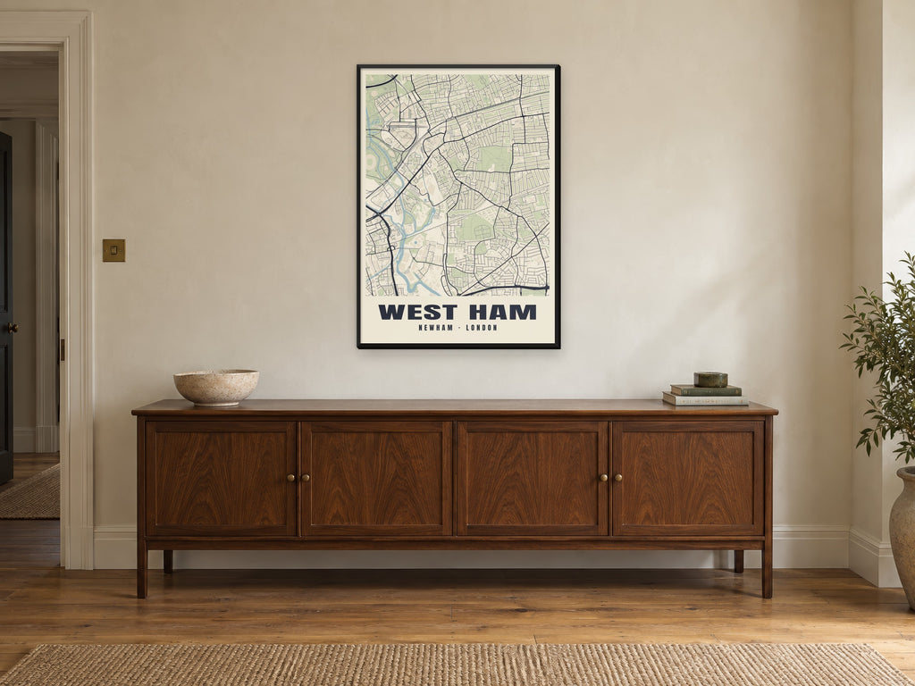 West Ham Heritage Street Map Poster at A1, in a black frame, above a sideboard