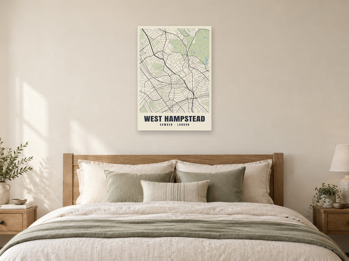 West Hampstead Heritage Street Map Poster at A1, as a poster, above a bed