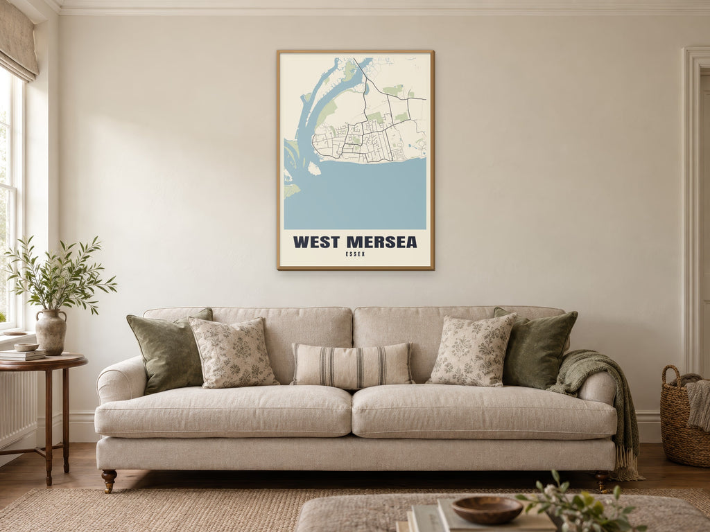 West Mersea Street Map Poster at A1, in a natural wood frame, in a sitting room