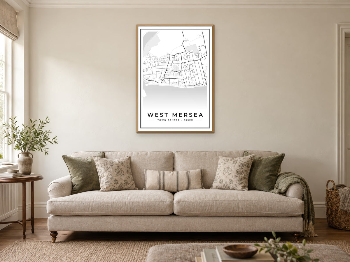 West Mersea Town Centre Street Map Poster at A1, in a natural wood frame, in a sitting room