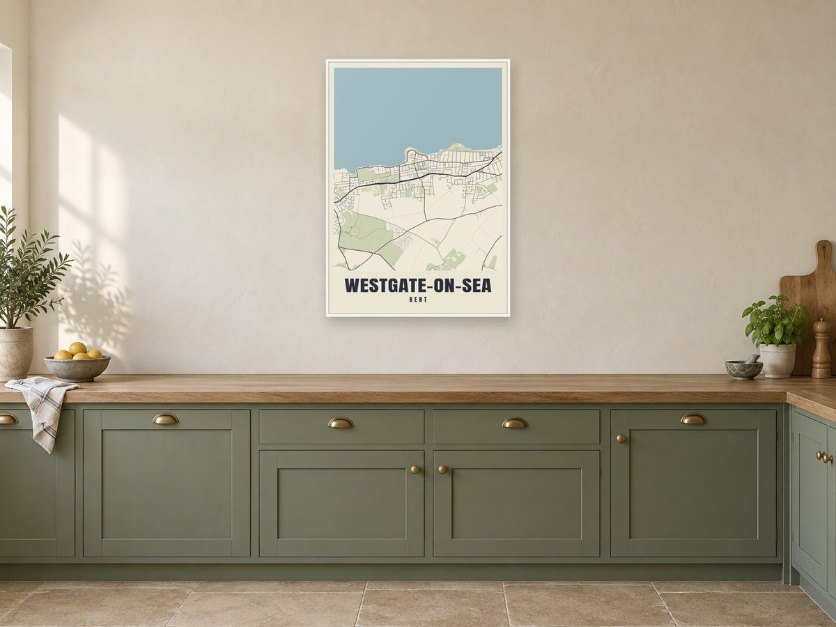 Westgate-on-Sea Street Map Poster at A1, in a white frame, in a kitchen