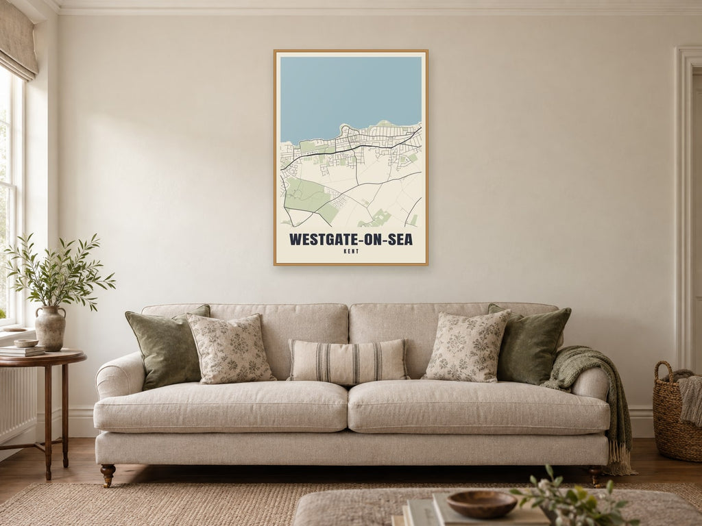 Westgate-on-Sea Street Map Poster at A1, in a natural wood frame, in a sitting room