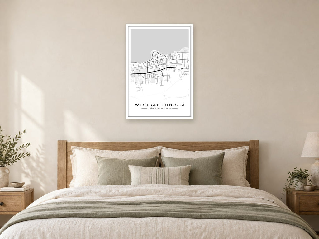 Westgate-on-Sea Town Centre Street Map Poster at A1, as a poster, above a bed