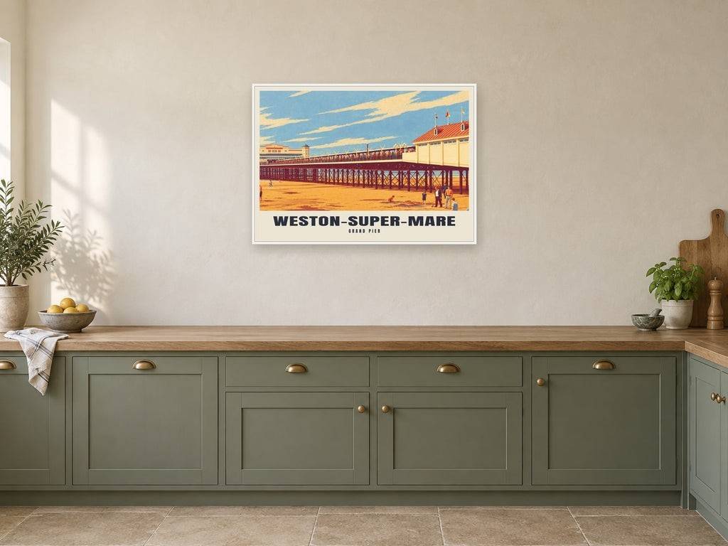 Grand Pier, Weston-super-Mare Poster at A1, in a white frame, in a kitchen