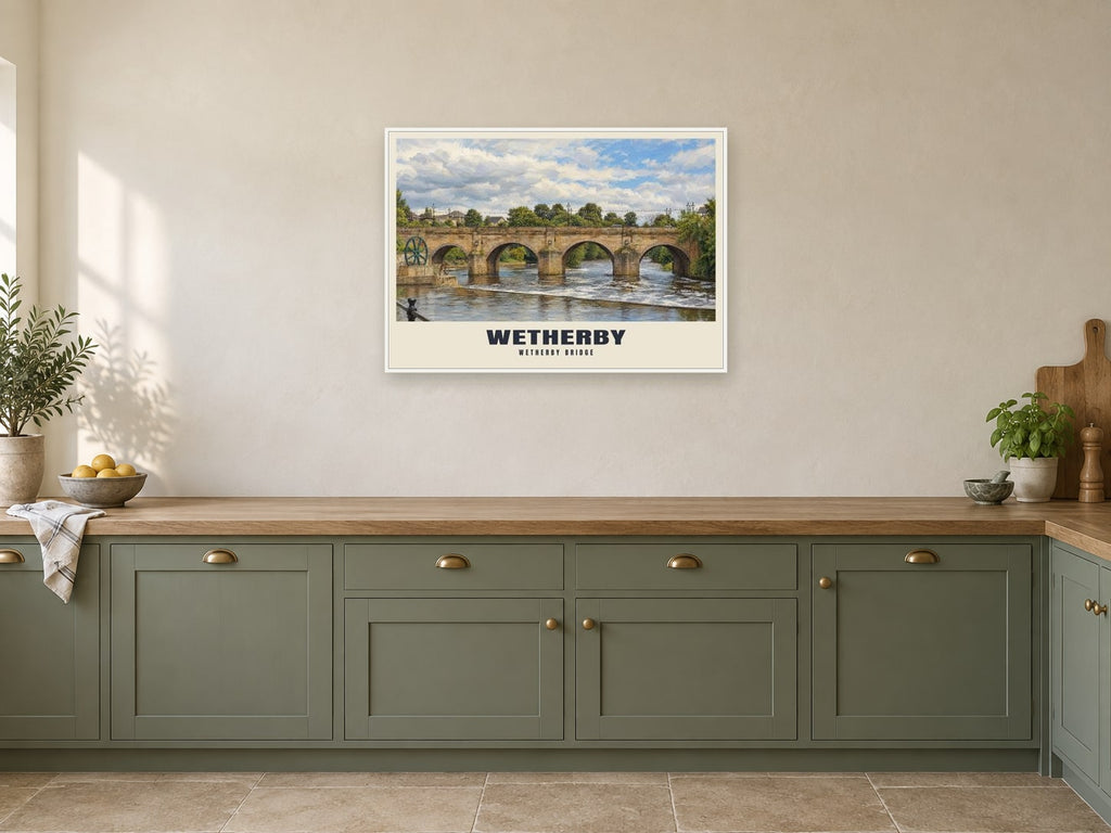 Wetherby Bridge Poster at A1, in a white frame, in a kitchen