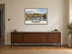 Wetherby Bridge Poster at A1, in a black frame, above a sideboard