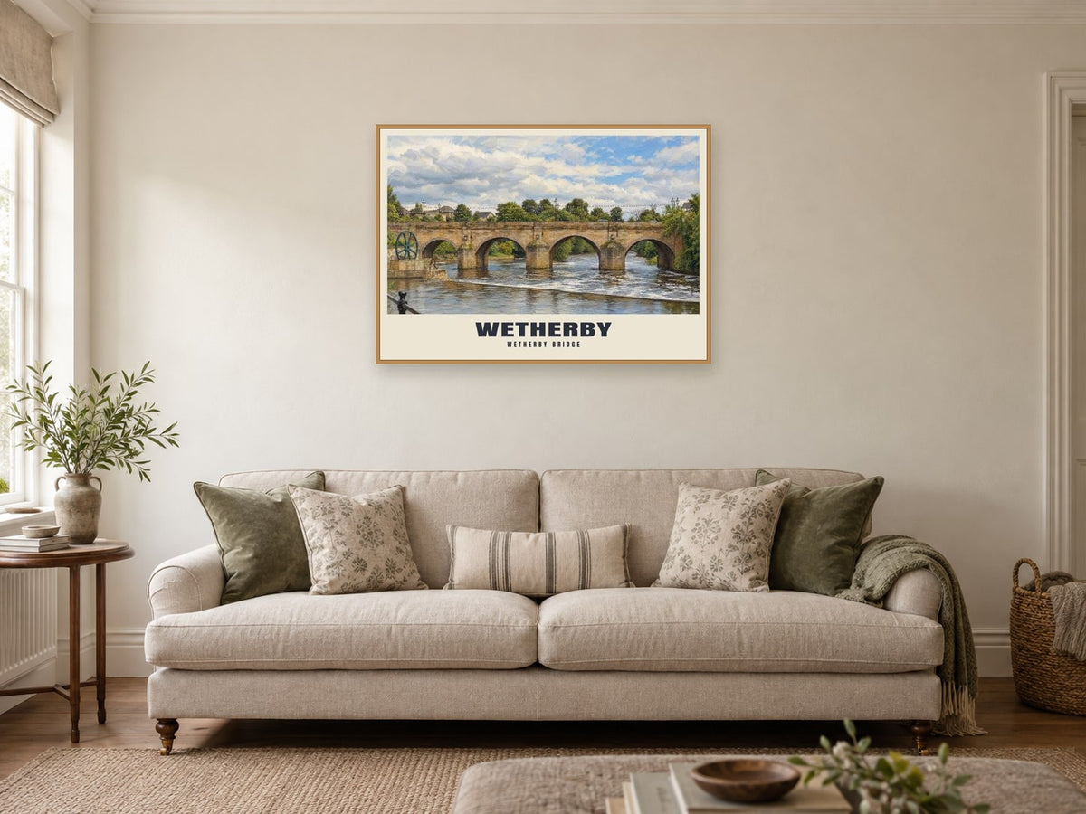 Wetherby Bridge Poster at A1, in a natural wood frame, in a sitting room