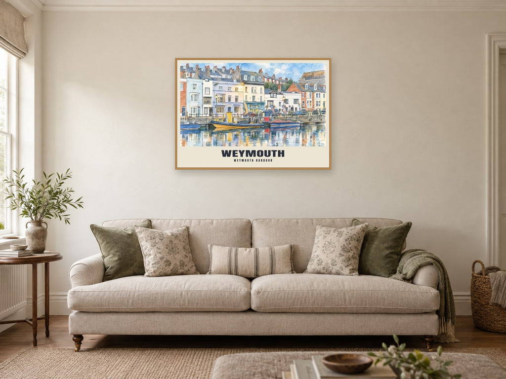 Weymouth Harbour Poster at A1, in a natural wood frame, in a sitting room