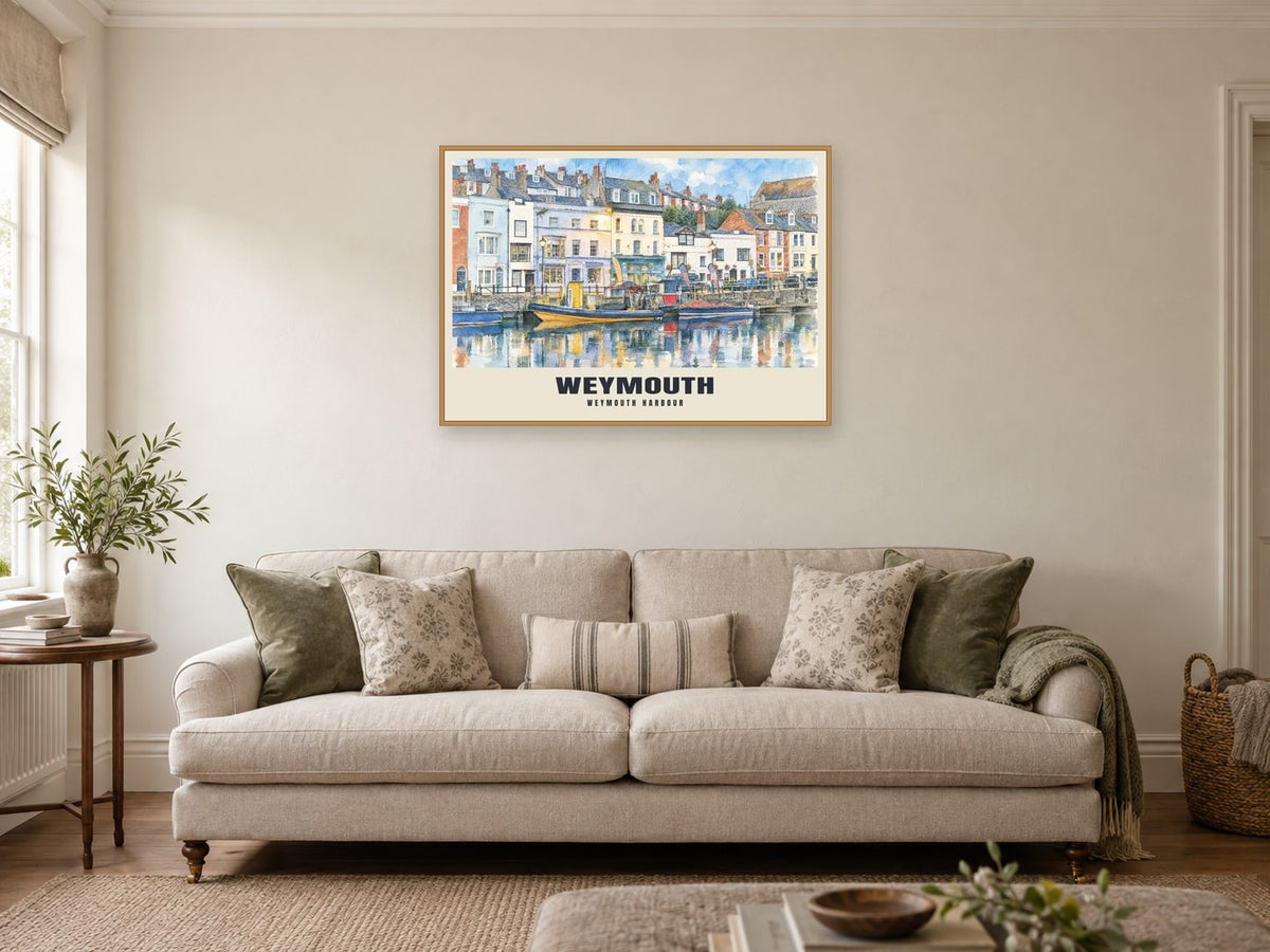 Weymouth Harbour Poster at A1, in a natural wood frame, in a sitting room