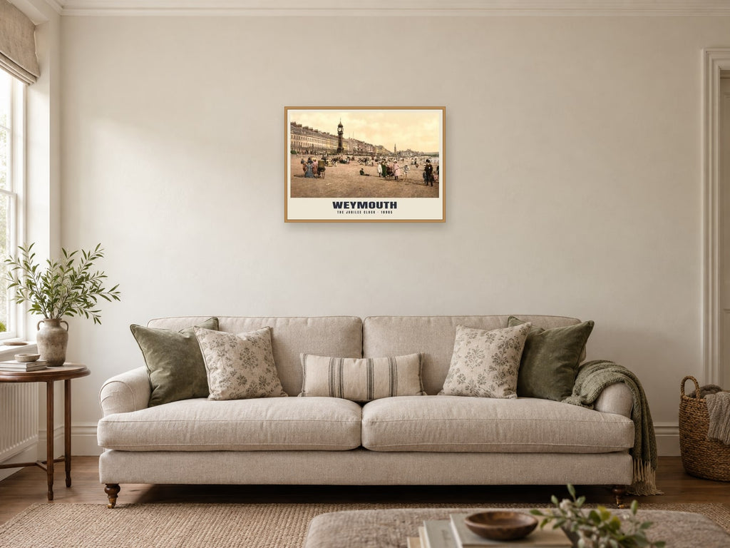 The Jubilee Clock, Weymouth Poster at A2, in a natural wood frame, in a sitting room