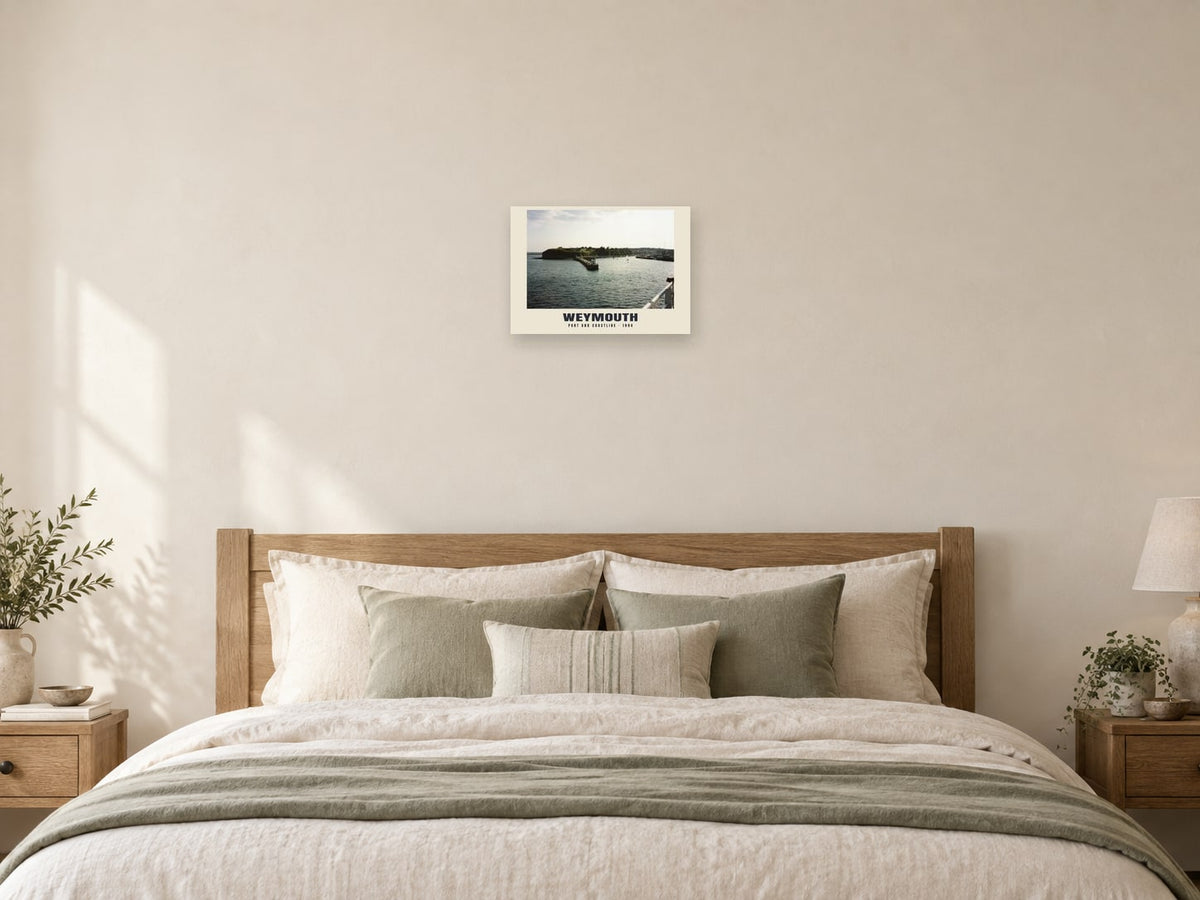 Port and coastline, Weymouth, 1994 Heritage Print at A3, as a poster, above a bed