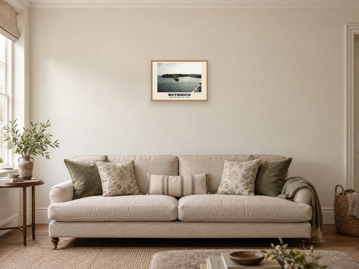Port and coastline, Weymouth, 1994 Heritage Print at A3, in a natural wood frame, in a sitting room