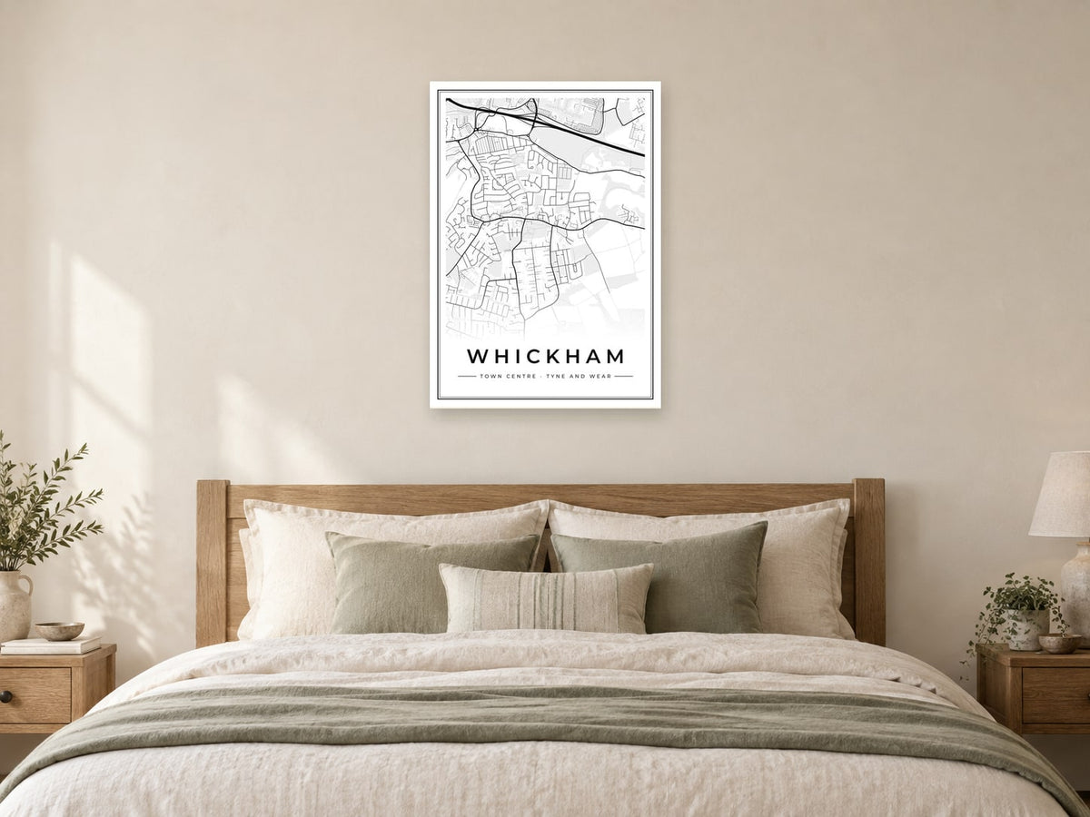 Whickham Town Centre Street Map Poster at A1, as a poster, above a bed