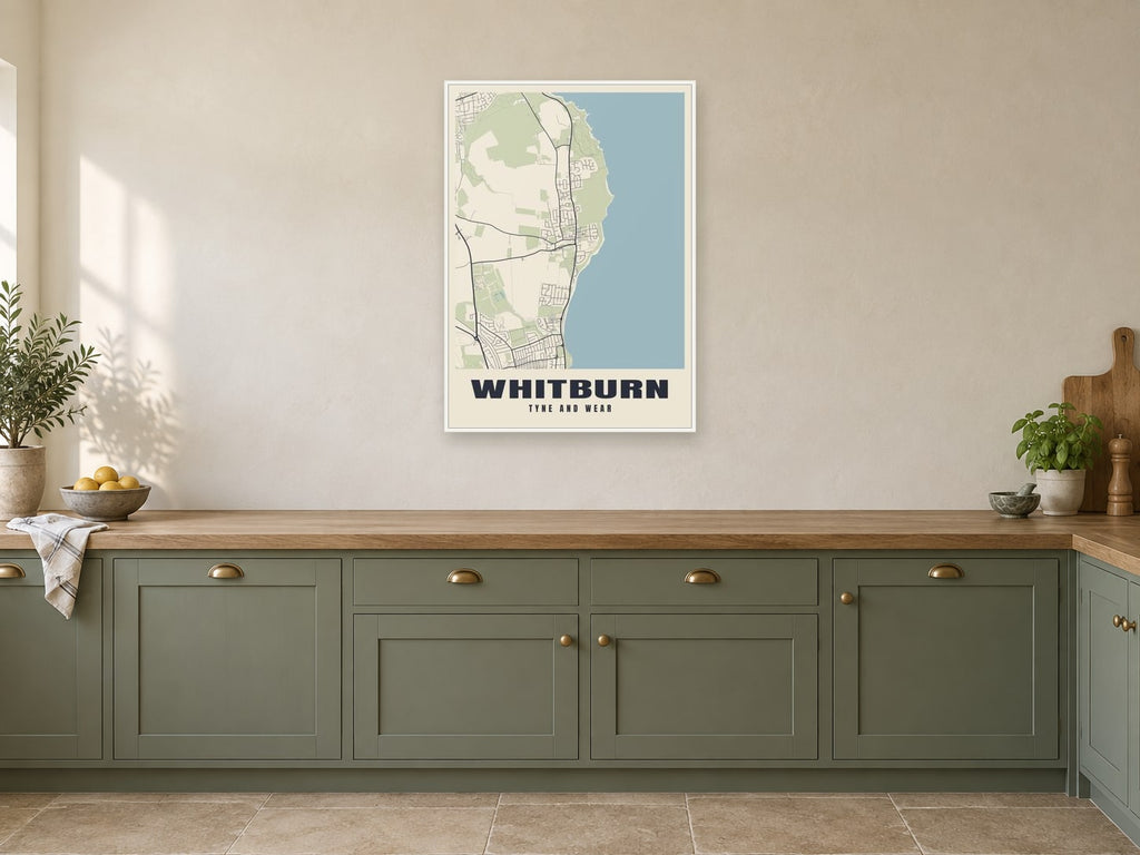 Whitburn Street Map Poster at A1, in a white frame, in a kitchen