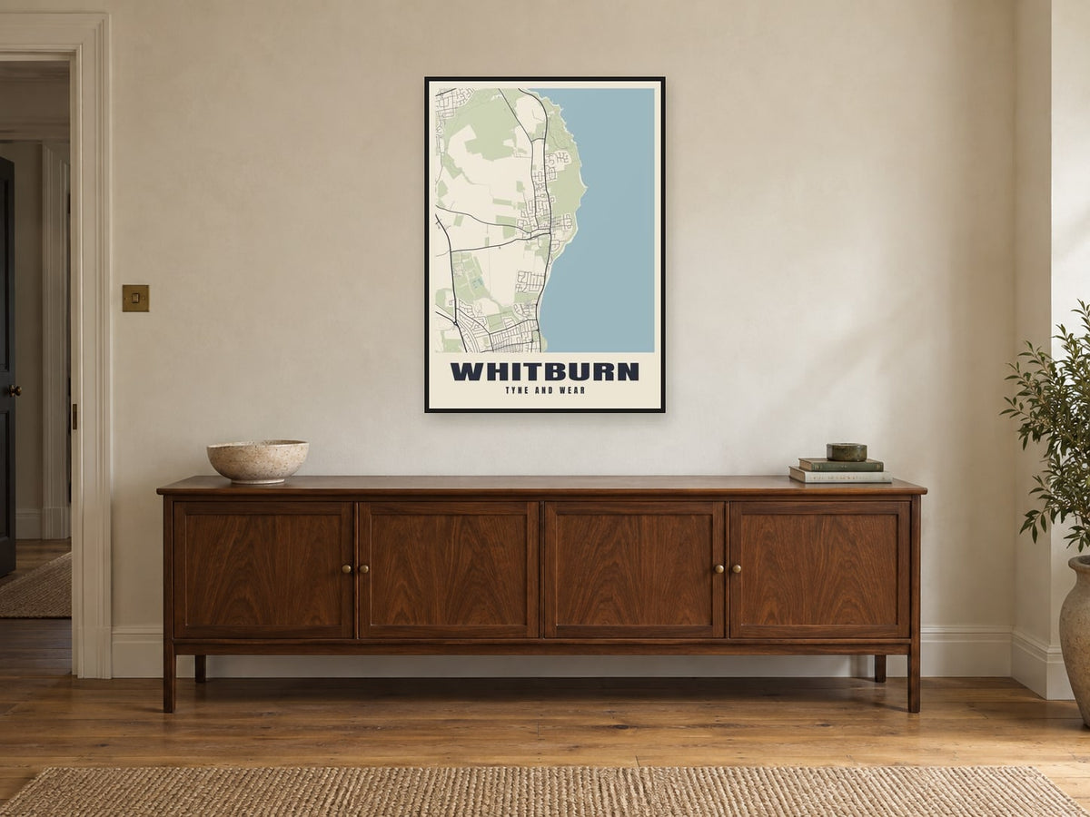 Whitburn Street Map Poster at A1, in a black frame, above a sideboard