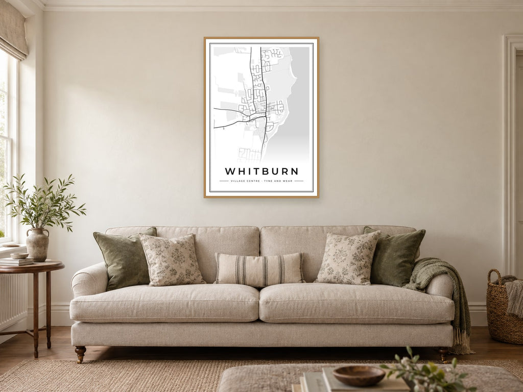 Whitburn Village Centre Street Map Poster at A1, in a natural wood frame, in a sitting room