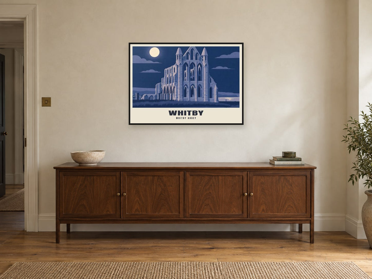 Whitby Abbey Poster at A1, in a black frame, above a sideboard