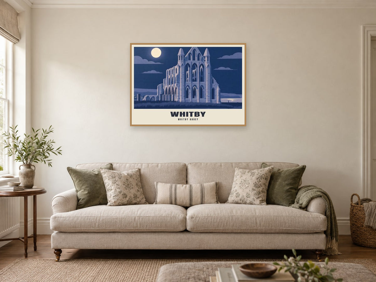 Whitby Abbey Poster at A1, in a natural wood frame, in a sitting room