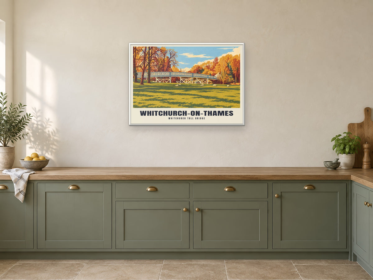 Whitchurch Toll Bridge, Whitchurch-on-Thames Poster at A1, in a white frame, in a kitchen