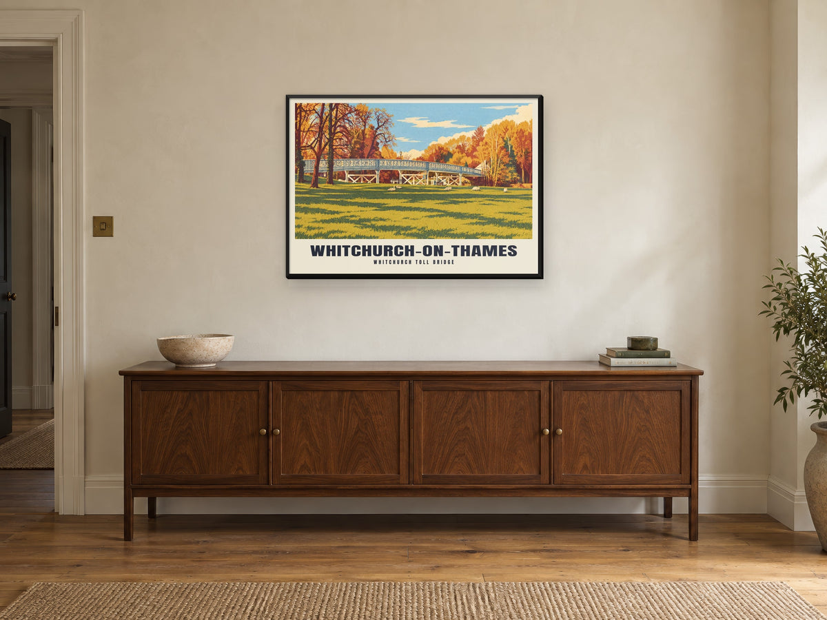 Whitchurch Toll Bridge, Whitchurch-on-Thames Poster at A1, in a black frame, above a sideboard