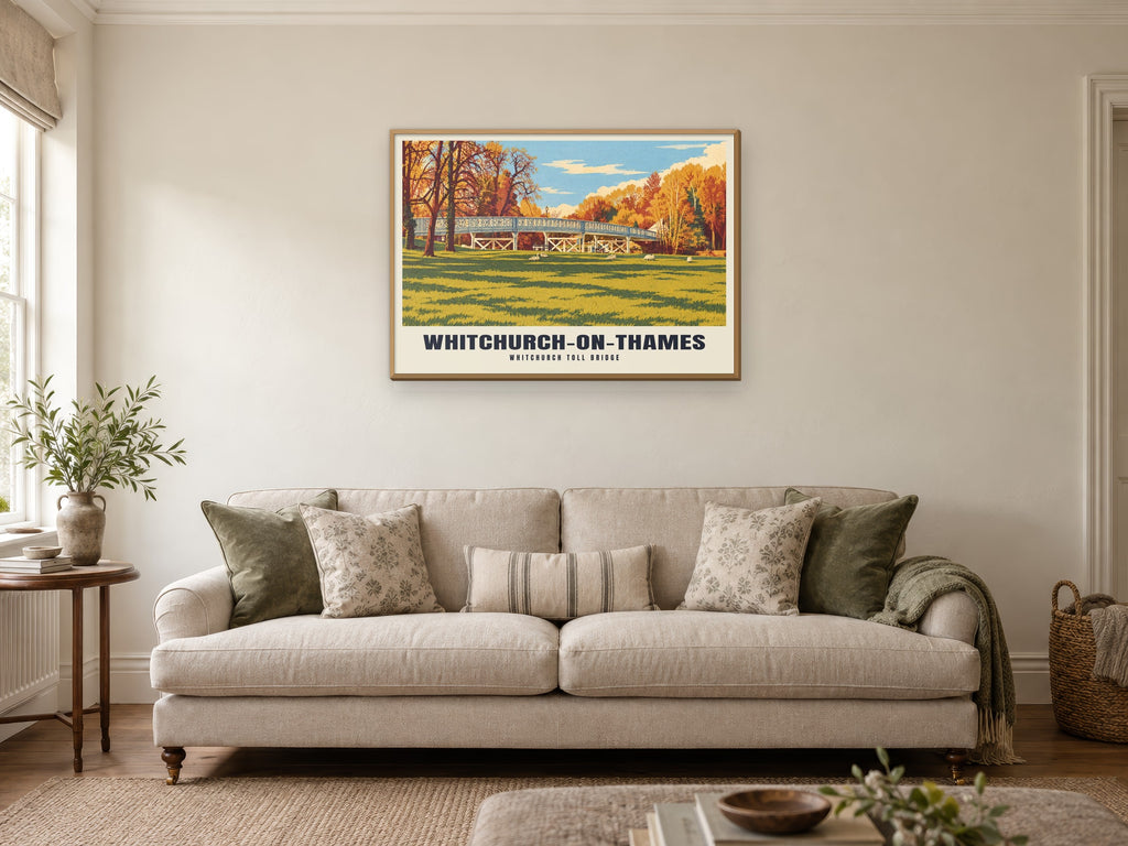 Whitchurch Toll Bridge, Whitchurch-on-Thames Poster at A1, in a natural wood frame, in a sitting room