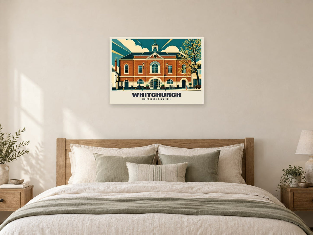 Whitchurch Town Hall Poster at A1, as a poster, above a bed