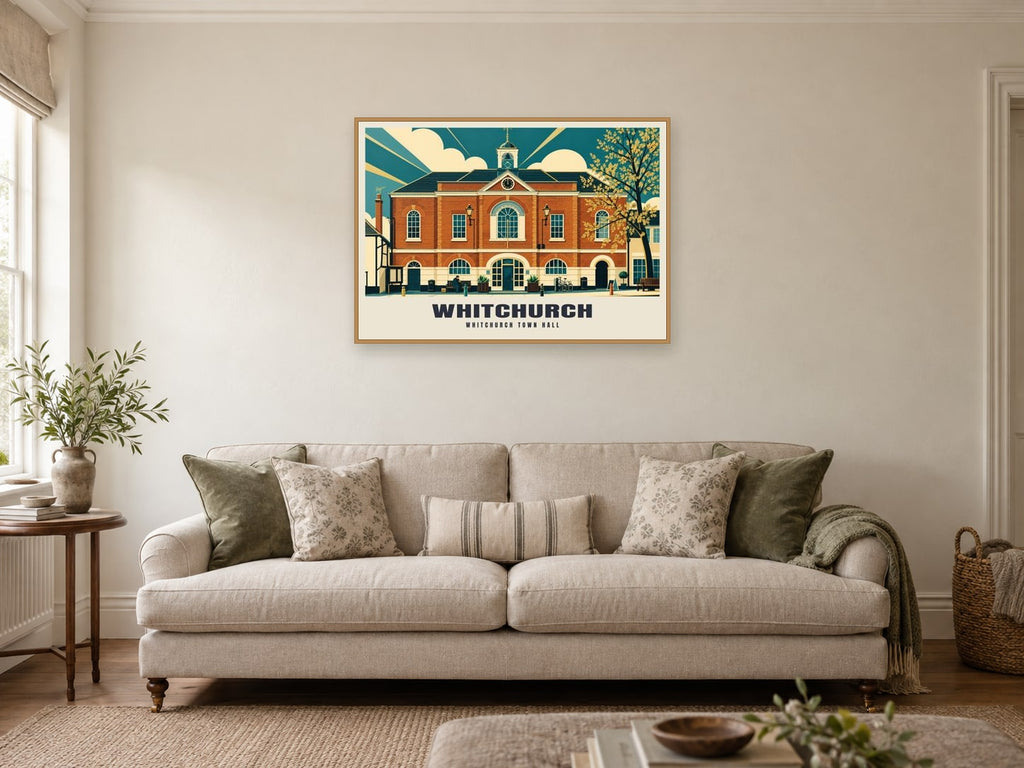Whitchurch Town Hall Poster at A1, in a natural wood frame, in a sitting room