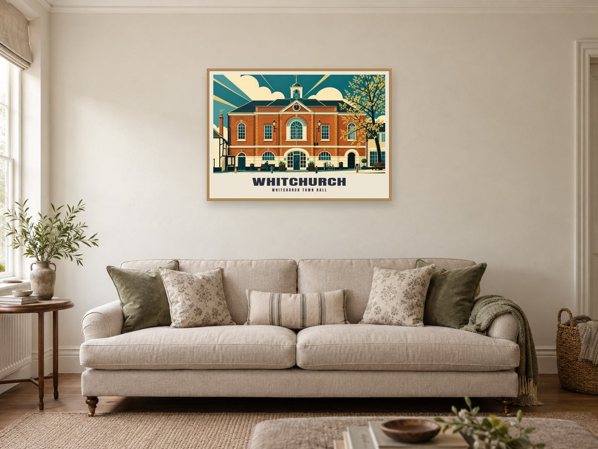 Whitchurch Town Hall Poster at A1, in a natural wood frame, in a sitting room