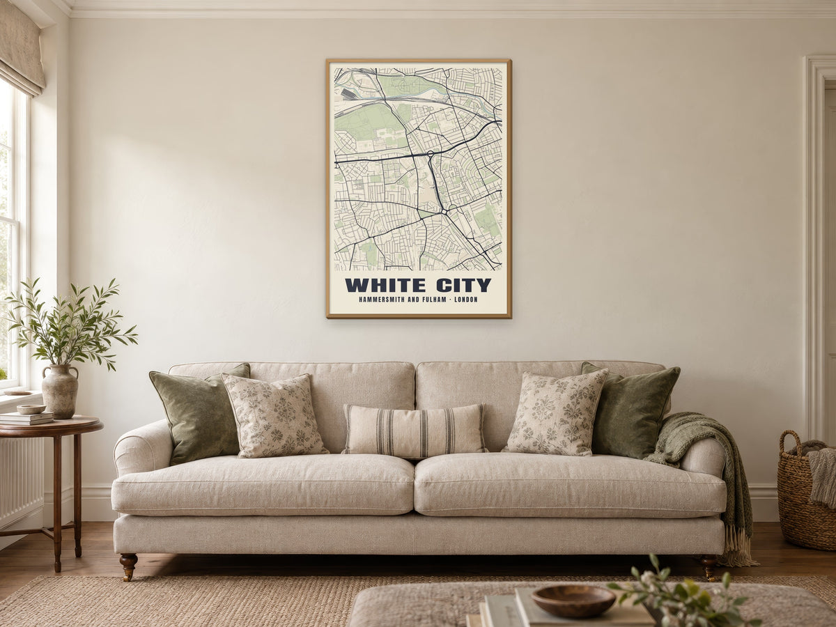 White City Heritage Street Map Poster at A1, in a natural wood frame, in a sitting room