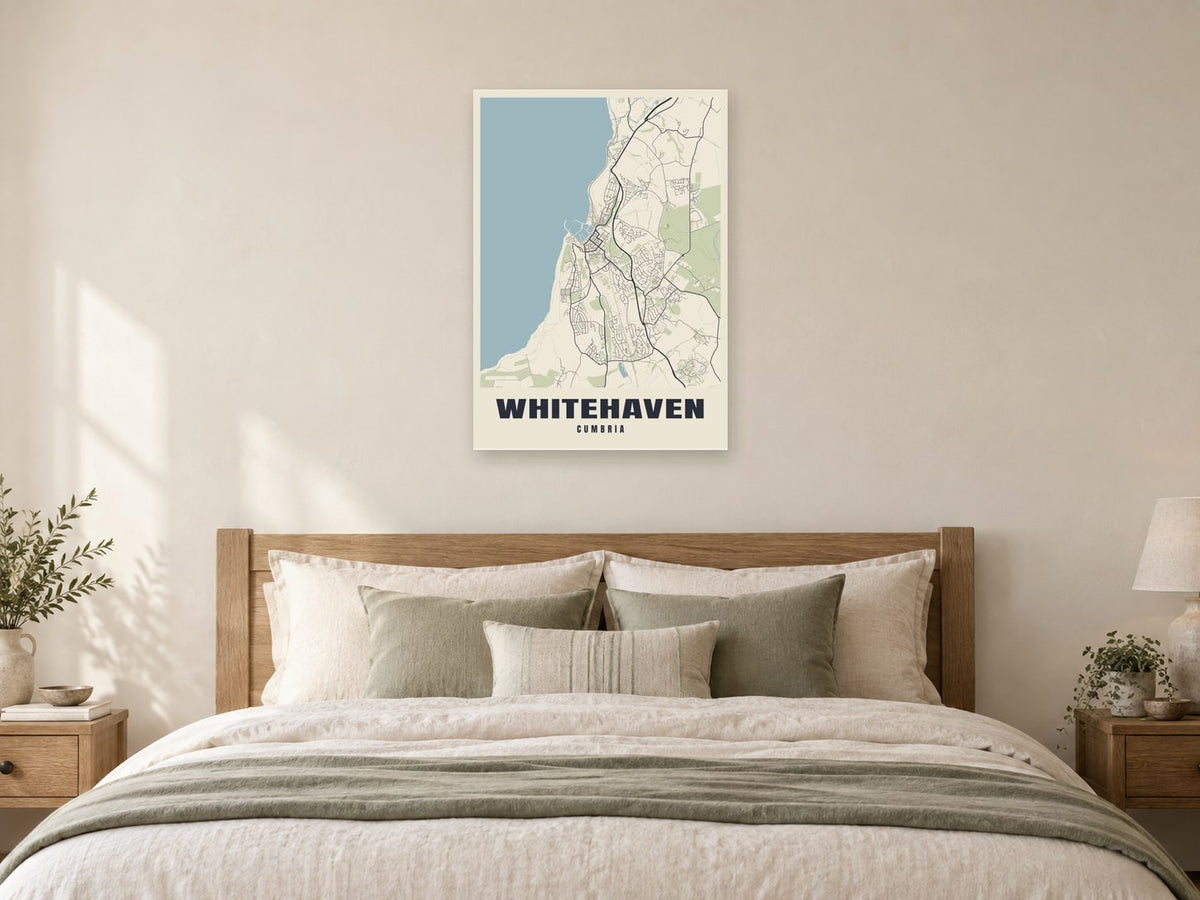 Whitehaven Street Map Poster at A1, as a poster, above a bed