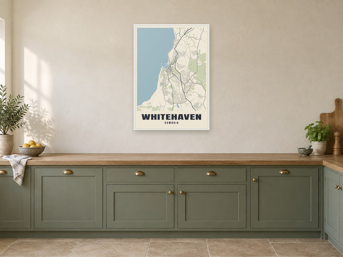 Whitehaven Street Map Poster at A1, in a white frame, in a kitchen