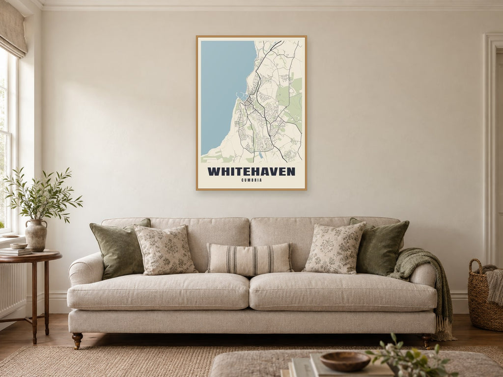 Whitehaven Street Map Poster at A1, in a natural wood frame, in a sitting room