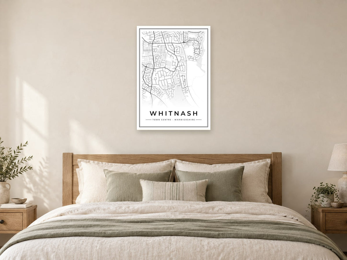 Whitnash Town Centre Street Map Poster at A1, as a poster, above a bed