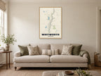 Whitworth Street Map Poster at A1, in a natural wood frame, in a sitting room